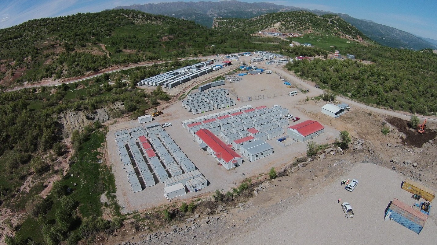 Aerial view of accommodation units and support buildings at the Atrush client camp