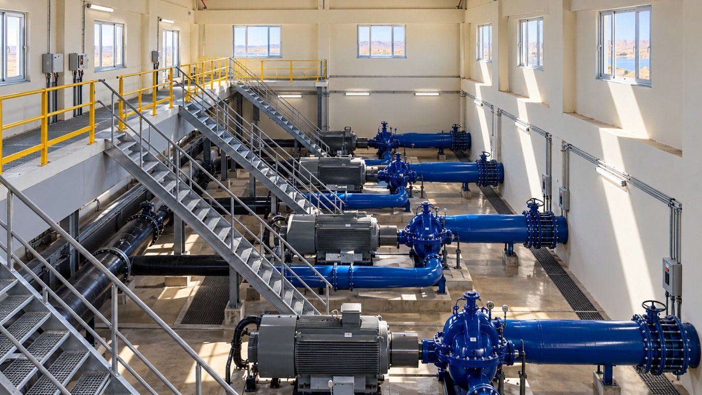 Pumping equipment, electric motors and pipework inside a Faida plant building