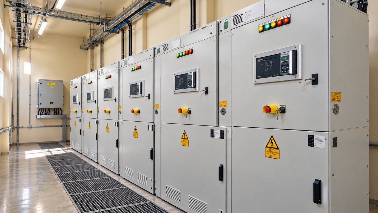 A row of electrical switchgear cabinets and control displays at the Faida plant