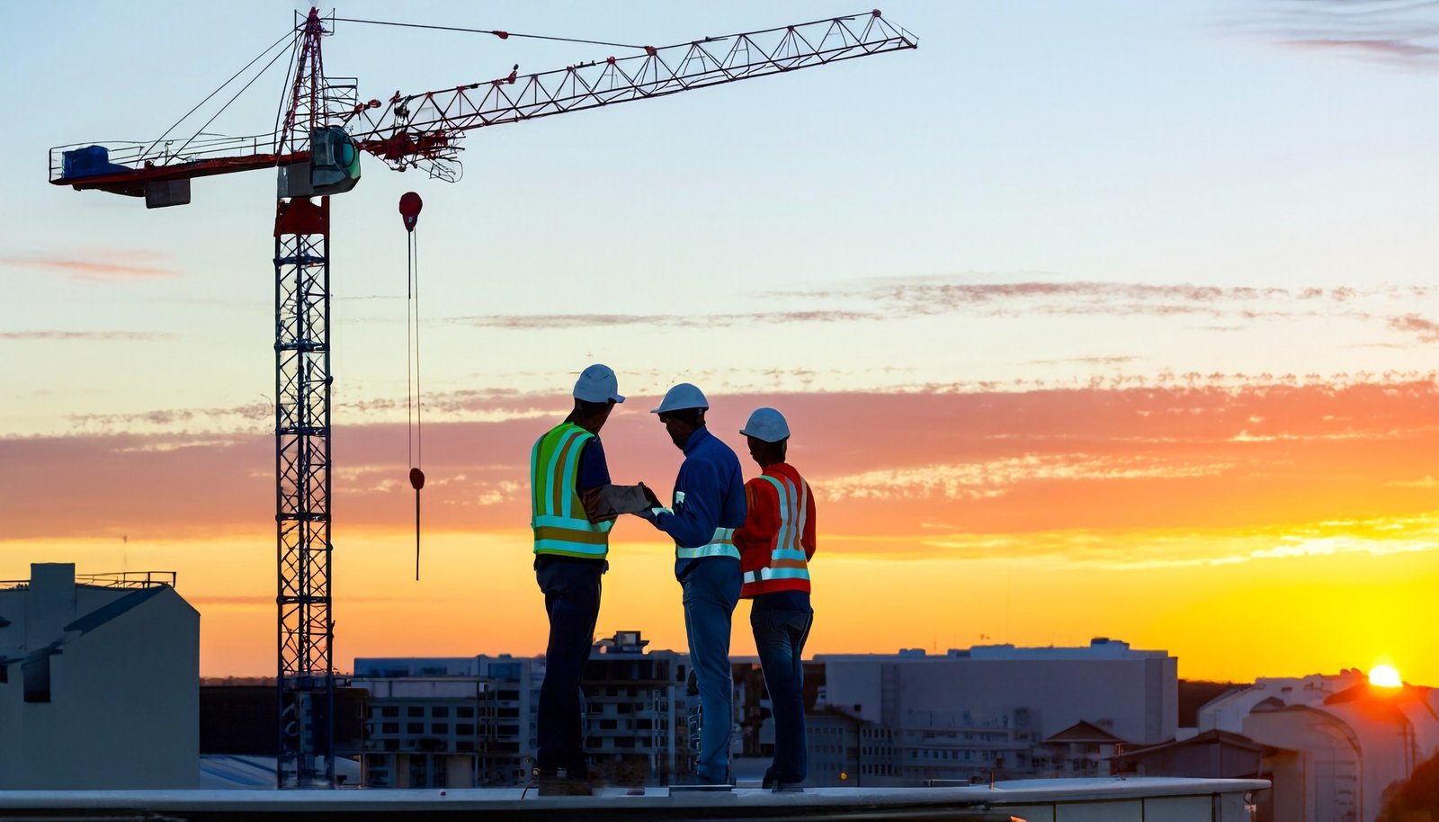Construction professionals on a building site at sunset